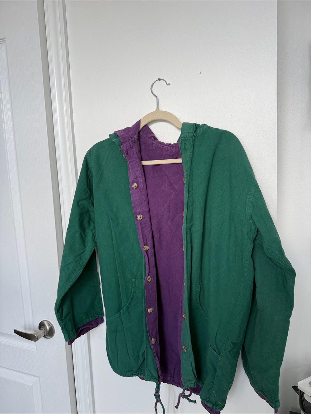 Green Hooded Jacket with Purple Lining - Women's Coat